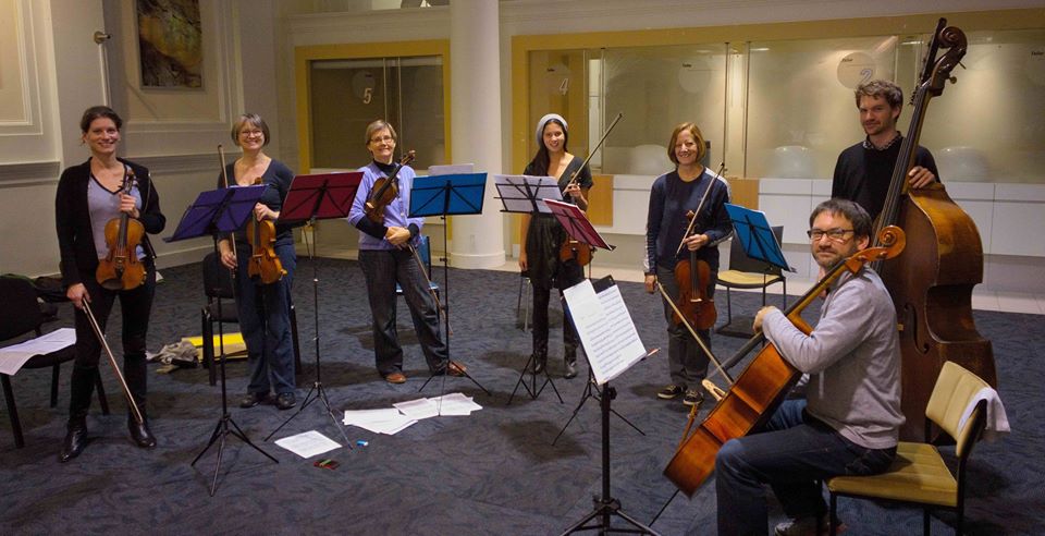 String rehearsal in a disused bank, by the original members of Camerata, April 2015